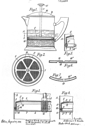 https://www.dailyespresso.co.uk/history-of-cafetiere-french-press/ Calimani & Moneta French Press Patent 1929