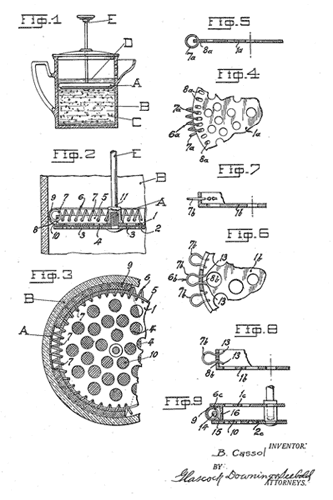 https://www.dailyespresso.co.uk/history-of-cafetiere-french-press/ Cassol French Press Patent 1935