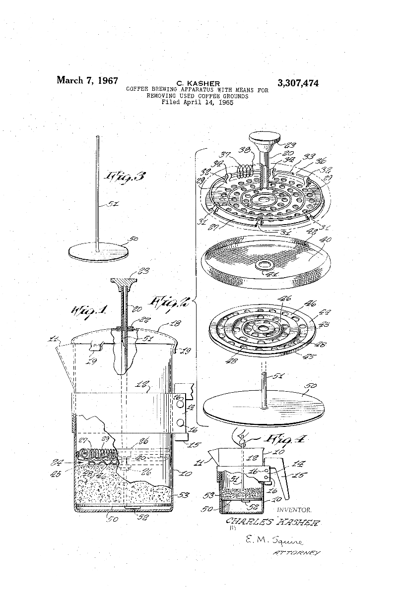 https://www.dailyespresso.co.uk/history-of-cafetiere-french-press/ Charles Kasher French Press Patent 1965